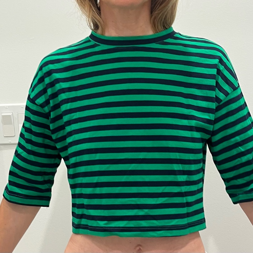 The Frankie Shop Green Black Boxy Crop Tee